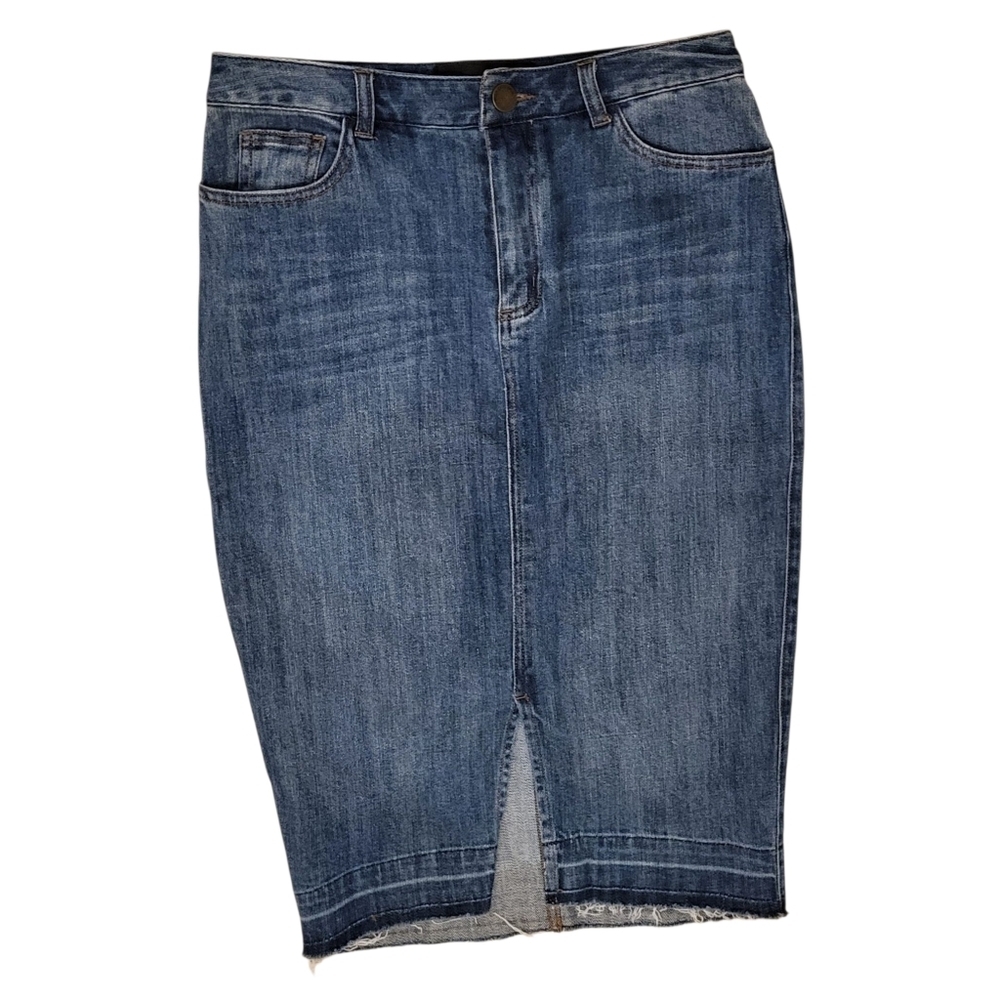 Who What Wear Pencil Midi Denim Blue Jean Skirt Front Slit Raw Hem Size 4